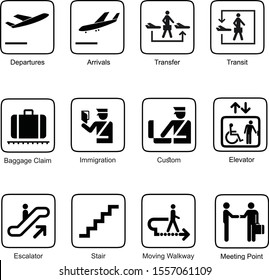 Pictogram logo icon airport transportation Airport Departures Arrivals Transfer Transit Baggage Claim Immigration Custom Elevator Escalator Stair Moving Walkway Meeting Point