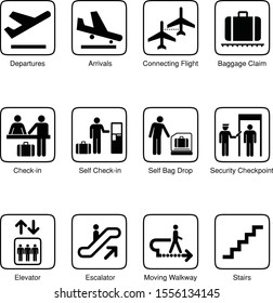 pictogram logo icon symbol vector Departures Arrivals Airport Connecting Flight Baggage Claim Check-in Seif Bag Drop Security Checkpoint Elevator Escalator Moving Walkway Stairs