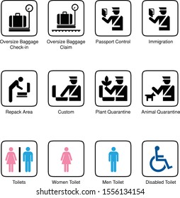 pictogram logo icon symbol vector Oversize Baggage Check-in Claim Passport Control Immigration Repack Area Custom Plant Quarantine Animal Toilet Women Men Disabled