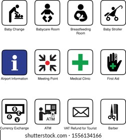 Pictogram Logo Icon Symbol Vector Baby Change Babycare Breastfeeding Stroller Airport Information Meeting Point Medical Clinic First Aid Currency Exchange ATM VAT Refund Tourist Barber