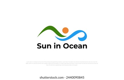 pictogram, logo mark combination of mountain, ocean, and sun