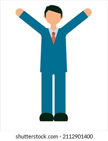 pictogram of a male office worker who raises both hands of a businessman. Avatar-style illustration.