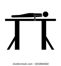 Pictogram man doing planche on parallel bars. Isolated vector icon from side view on white background.	