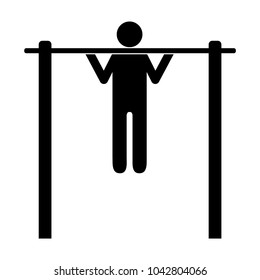 Pictogram man doing pullups. Isolated vector on white background.