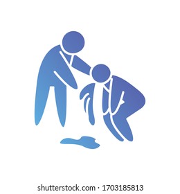 Piktogramm-Mann, der einem Krankheitsmann hilft, Erbrechen Symbol auf weißem Hintergrund, Farbverlauf-Stil, Vektorillustration-Illustration