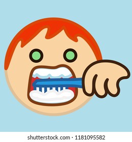 pictogram with man with open mouth that is brushing teeth using a toothbrush and a toothpaste, simple colored emoticon, circle shaped vector emoji in color, ball like personage with thick outlines