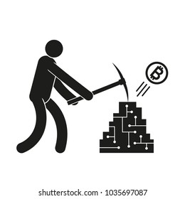Pictogram man with a pickaxe mining crypto currency bitcoin.
