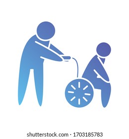 un pictograma tirando de un hombre en un icono de silla de ruedas sobre fondo blanco, estilo de degradado, ilustración vectorial