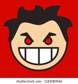 Pictogram With A Man Showing His Evil Grin On His Angry Frowned Face With Wild Black Hair & Red Eyes & Wicked Smile Through Teeth, Simple Colored Emoticon, Circle Shaped Vector Emoji In Color