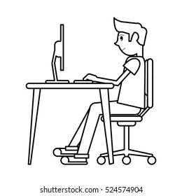 pictogram man sitting using laptop on desk design