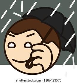 pictogram with man that is holding an umbrella under the rain, simple colored emoticon, circle shaped vector emoji in color, ball like personage with thick outlines, funny cartoon character from a set