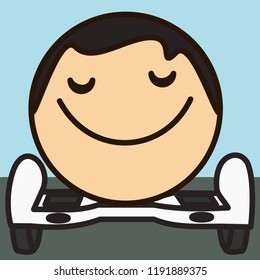 pictogram with man that is hovering on gyro scoooter board with two wheels, gyroscope powered self balancing electrical gyroscooter, simple colored emoticon, circle shaped vector emoji in color