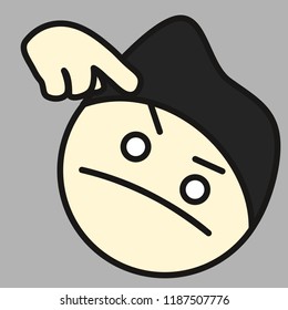 pictogram with man that is showing finger to temple gesture with hand pointing to head that means "think for yourself" or "use your brain" or even "don't be a fool", simple colored emoticon