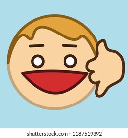 pictogram with man that shows a call me on the phone gesture that resembles a handset with a smile on his face to tell someone to stay in touch with him, simple colored emoticon, primitive vector art