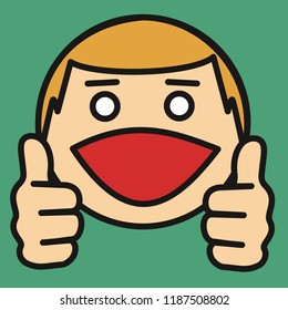 pictogram with man that shows double thumbs up gesture by raising thumb on each hand with you're awesome facial expression on his face, like or plus 2 pose for social networks & messengers