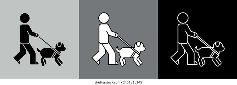 Pictogram of a man walking his dog attached to a leash - 3 versions: black silhouette, white silhouette with black contours and without font with white contours.