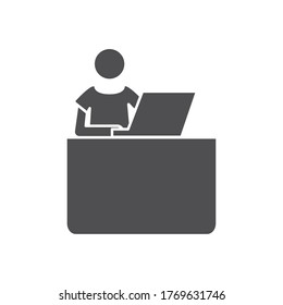 pictogram man working with laptop computer at office desk over white background, silhouette style, vector illustration