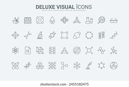 Pictograma de modelo molecular con cadenas y átomos, fórmula química y celular, investigación genética de laboratorio, contornos finos en negro y rojo, Ilustración vectorial. Conjunto de iconos de línea de estructura molecular