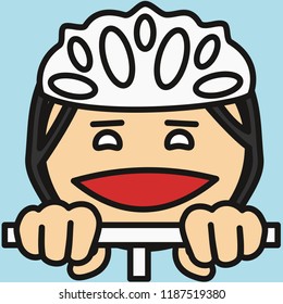 pictogram with mountain biker that is riding a bicycle in protective helmet while holding handlebars of a bike, simple colored emoticon, circle shaped vector emoji in color