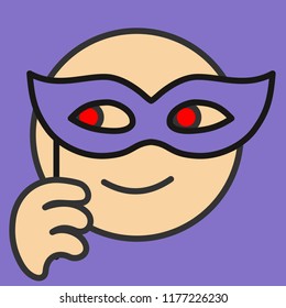 pictogram with mysterious man holding a carnival mask that merely covers face, simple colored emoticon, circle shaped vector emoji in color, ball like personage with thick outlines