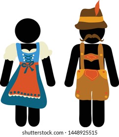 Pictogram Oktoberfest beer festival greeting card. Man and woman icons in traditional bavarian costume signs for bathroom, restroom, toilet, lavatory door. Funny Oktoberfest design.