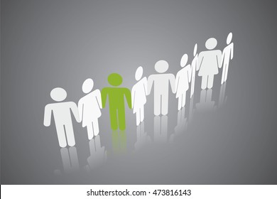 Pictogram paper cut art of people standing together in a row holding hands.  Focus on green man isolated from crowd.