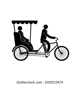 Pictogram of a pedicab with  driver and passenger