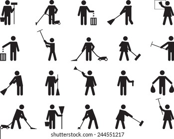 Pictogram people cleaning illustrated on white
