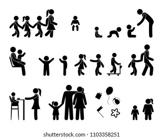 Pictogram People, Family Icons, Children And Parents Stick Figure Silhouette, Isolated Human Symbols, Mom, Dad And Baby, Girl And Boy, Man And Woman Vector Icons