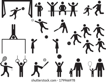 Pictogram people in park with kids and sport activity illustrated on white