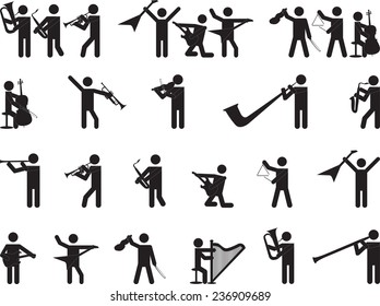 Pictogram people singing at musical instruments illustrated on white