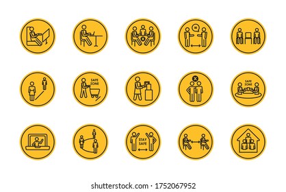 pictogram people and social distancing icon set over white background, block silhouette style, vector illustration