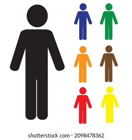 Pictogram of a person, figures of a man standing with a stick of different colors isolated on a white background