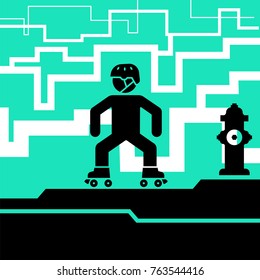 Pictogram of a person riding roller skates on a ramp. 
Vector illustration of roller skating in a park.
