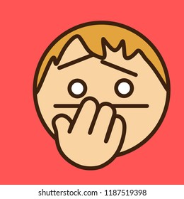 pictogram with person that is awkwardly covering face & mouth with palm, man feeling awkward & showing it with hand to lips gesture, simple colored emoticon, circle shaped vector emoji in color