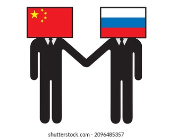 A pictogram of a person who anthropomorphized and characterized the national flag that Russia and China shook hands with. Symbols, graphic materials