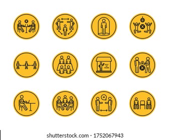 pictogram persons and social distancing icon set over white background, block silhouette style, vector illustration