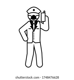 pictogram policeman with protective mask and holding a cellphone over white background, line style, vector illustration