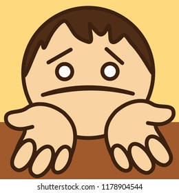 pictogram of poor sorry man that is standing on his knees & begging for help or mercy or asking for forgiveness w. stretched palms & upset & miserable expression on his face w. pulled down lip corners