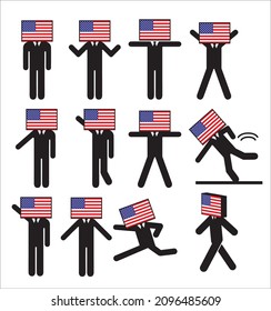 Pictogram pose collection, symbols, graphic materials, illustration set of people who anthropomorphized and characterized the American flag