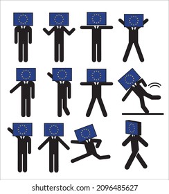 Pictogram poses, symbols, graphic materials, illustration sets of people who anthropomorphized and characterized the European Union flag