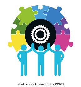 pictogram puzzle gear teamwork support collaborative cooperation work icon set. Colorful design. Vector illustration