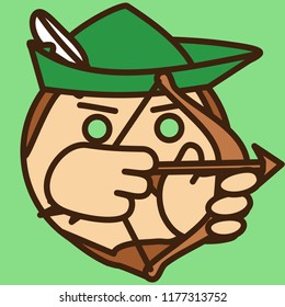 pictogram with Robin Hood shooting arrow from bow,classic folk character wearing medieval English hat,famous thug that lived in Sherwood forest of Nottinghamshire during dark ages of England