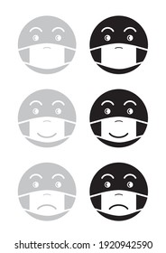pictogram sad and happy faces with mask in gray and black