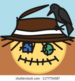pictogram with scarecrow made out of old fabric with eye patches and stitched mouth with crow sitting on its worn straw hat, simple colored emoticon, circle shaped vector emoji in color