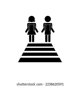 Pictogram: Schoolchildren boy and girl from the front with school bag at zebra crossing