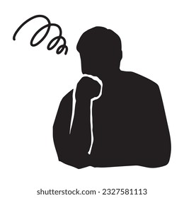 Pictogram of senior male silhouette thinking with fist on chin, black