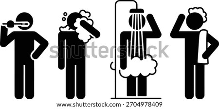 Pictogram Sequence Person Brushing Teeth, Washing Face, Showering, and Drying Hair with Towel.eps
