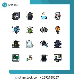 Conjunto de pictogramas de 16 líneas planas llenas de color simple del globo; educación; masculino; corazón; elementos de diseño de vectores creativos editables por teléfono