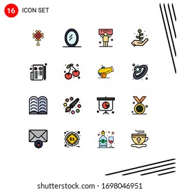 Piktogramm-Set mit 16 einfachen, flachen, farbigen Linien von Beeren; Seite; Politik; bearbeiten; Design-Elemente für kreative Vektorillustration mit dem Start